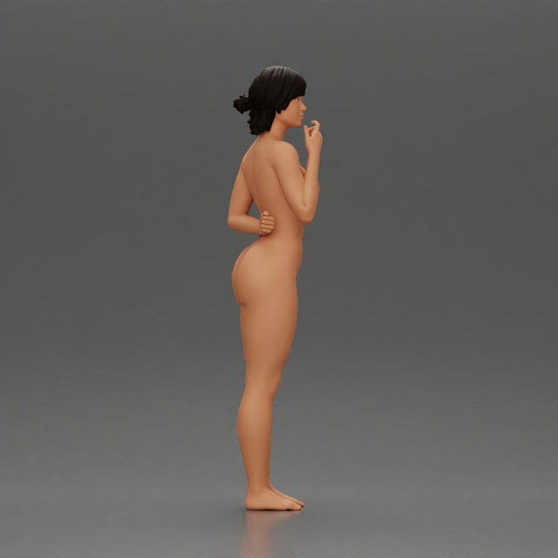 Naked woman standing hand resting on her back speaking into a radio