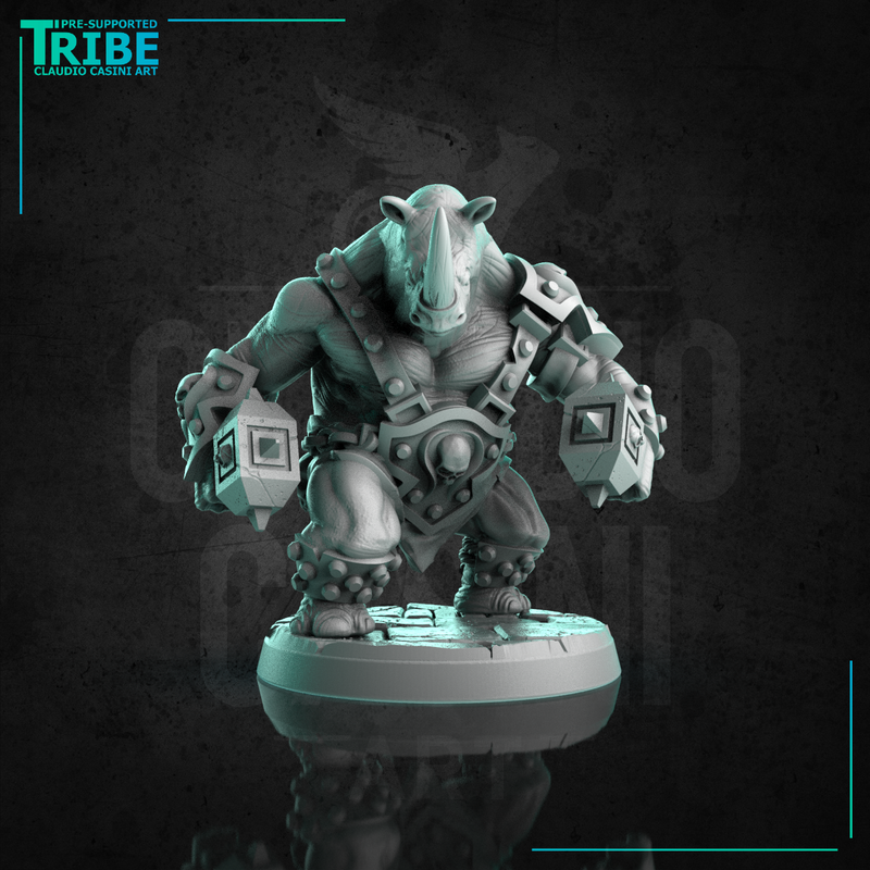 (0263) Male rhinoceros folk barbarian warrior with two hammers - Only-Games
