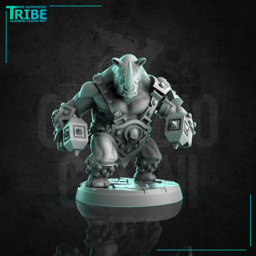 (0263) Male rhinoceros folk barbarian warrior with two hammers - Only-Games