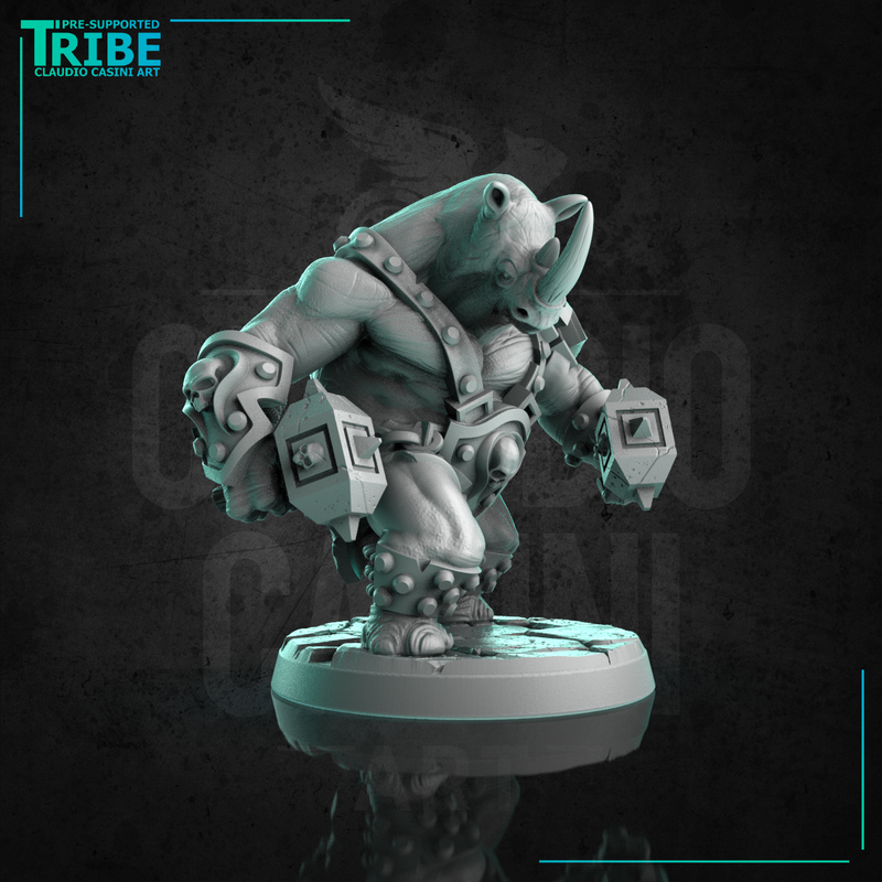 (0263) Male rhinoceros folk barbarian warrior with two hammers - Only-Games