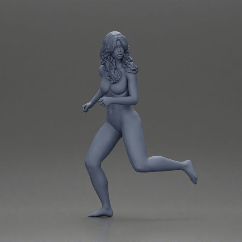 Naked Afraid woman running with a determined expression