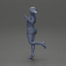 happy girl in a mini jacket and shorts, jumping on one leg - Only-Games