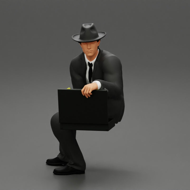 2 Models - businessman in hat sitting and holding briefcase of money - Only-Games
