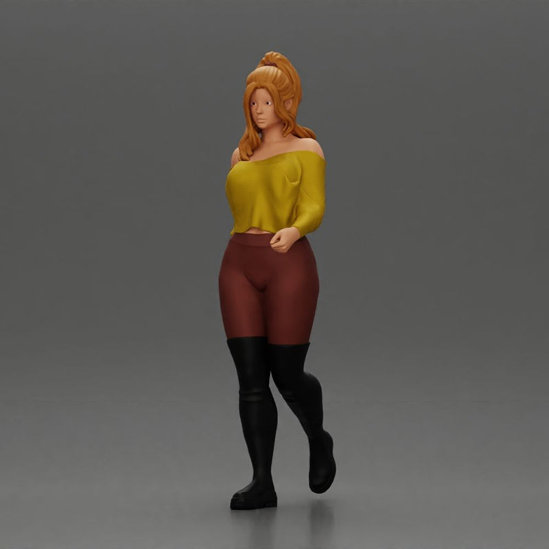 fashionable girl walking her dog, wearing a stylish shirt and long boots - Only-Games