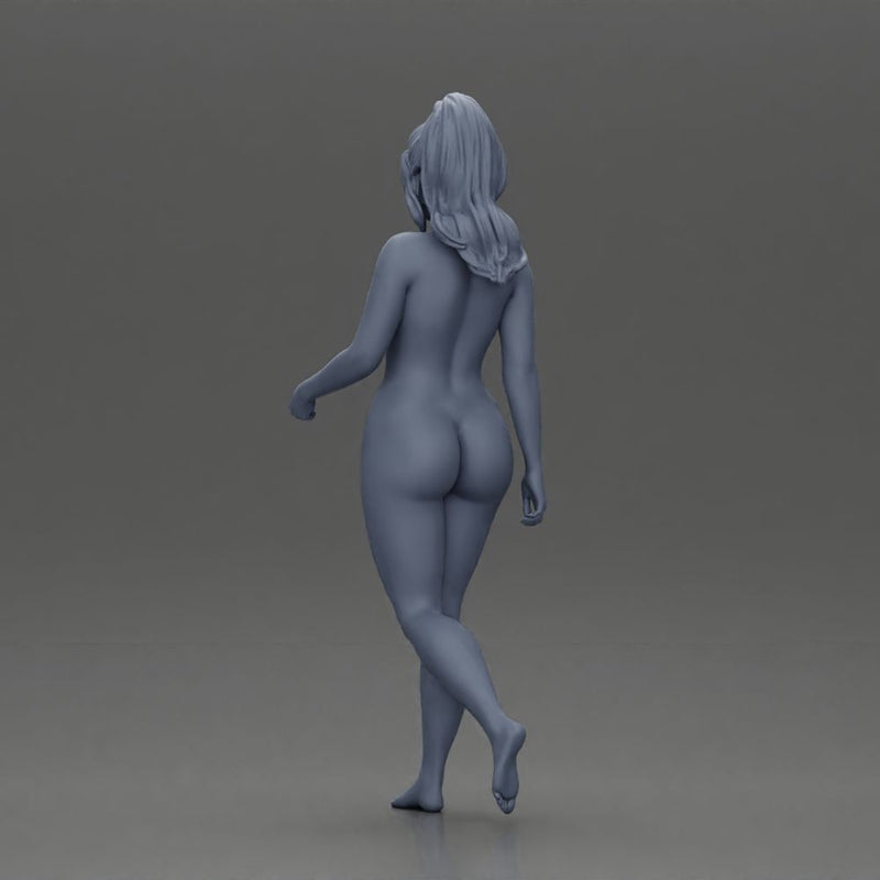 Naked girl walking with long hair