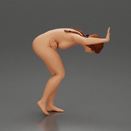 Naked girl holding her stomach and placing her hand on the wall due to stomach pain - Only-Games