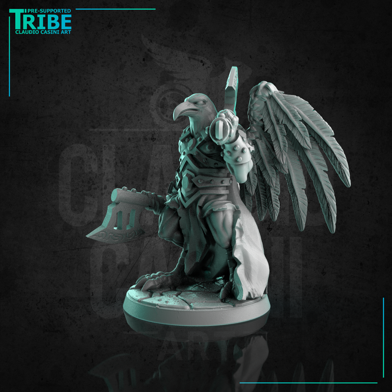 (0279) Male crow bird folk barbarian warrior with two axes