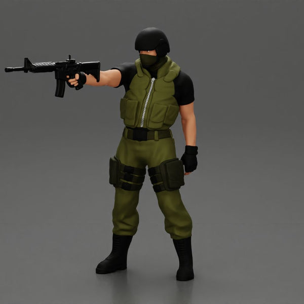 Military precision A man with tactical mastery, wearing a mask and holding a gun with one hand aimed at the enemy