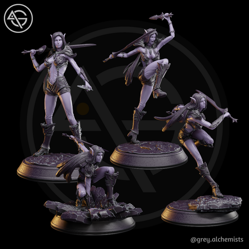 Rina the Drow Demon Hunter - Set of 4 Fighting Poses -  Fantasy Resin Miniatures in 32mm - DnD