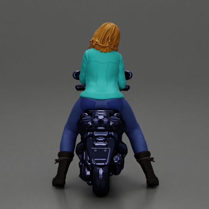 Girl sitting on a scooter, wearing an open jacket