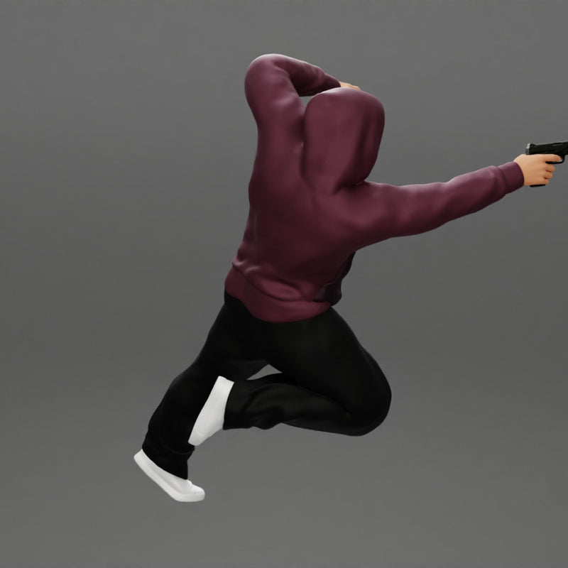 Gangster man in hoodie shooting gun leaning out the window of the car