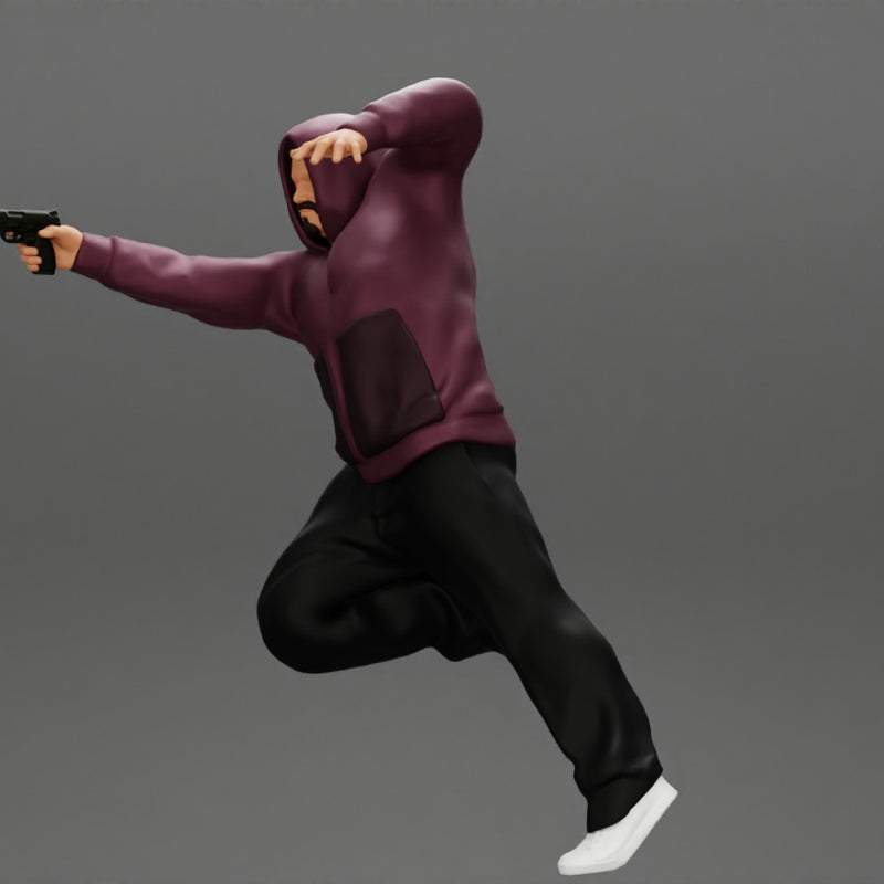 Gangster man in hoodie shooting gun leaning out the window of the car