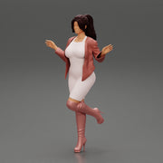 Beautiful Woman standing in one leg in mini dress and jacket - Only-Games
