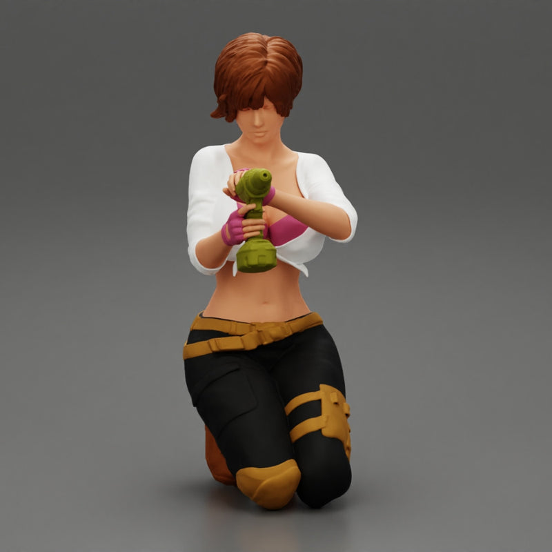 Repair woman sitting and holding a drill - Only-Games
