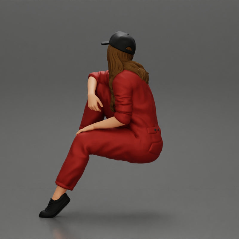 Tired woman mechanic in suit and cap sitting - Only-Games