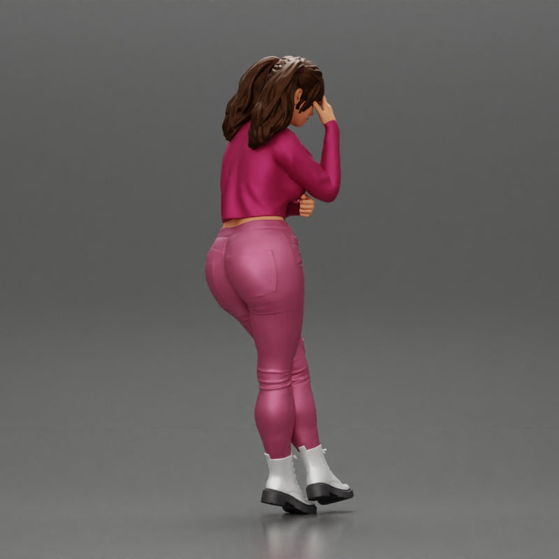 Tearful girl standing in jeans and mini shirt expressing deep sorrow with pigtails - Only-Games