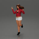 happy girl in a mini jacket and shorts, jumping on one leg - Only-Games