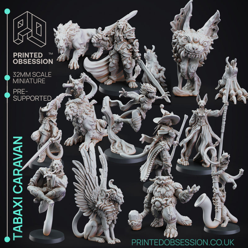 Tabaxi Caravan Set- 14 Models - PRESUPPORTED - 32mm Scale - Illustrations & Rules