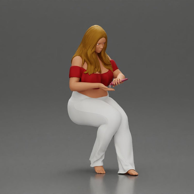 Blonde woman in red top white pants sitting applies hand cream - Only-Games
