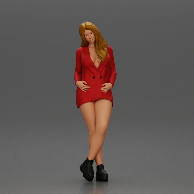 Stylish woman in red blazer dress and boots posing with crossed legs - Only-Games