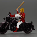 woman in red outfit sitting on a motorcycle holding a baseball bat - Only-Games