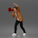 Man Shouting Through Megaphone In Bomber Jacket Tee Trousers Sneakers