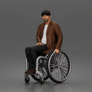 old man sitting calmly in a wheelchair, wearing a coat and a casual outfit
