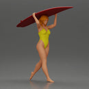 woman in yellow swimsuit carrying a red surfboard on her shoulders - Only-Games