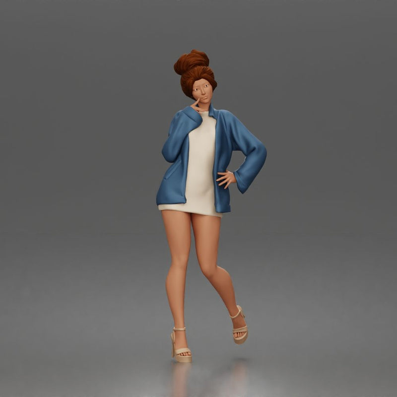 Elegant Woman Posing Confidently in Chic Jacket and Dress Outfit