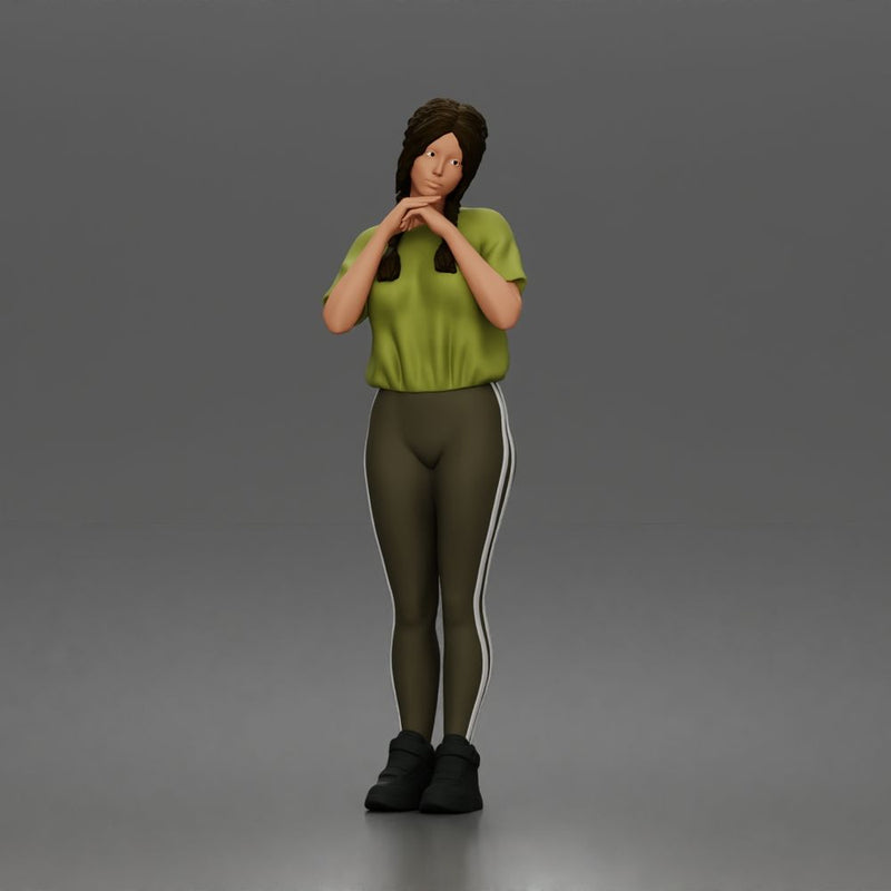 Shy casual woman standing pose in t shirt leggings sneakers - Only-Games