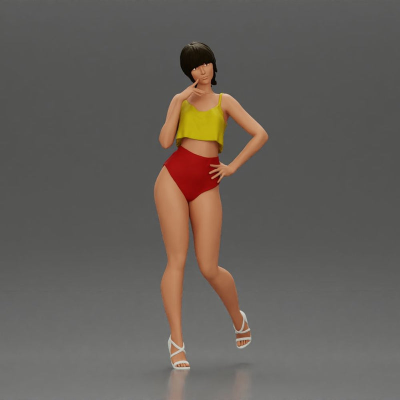 Striking a flirty pose wearing yellow crop top red bottoms - Only-Games
