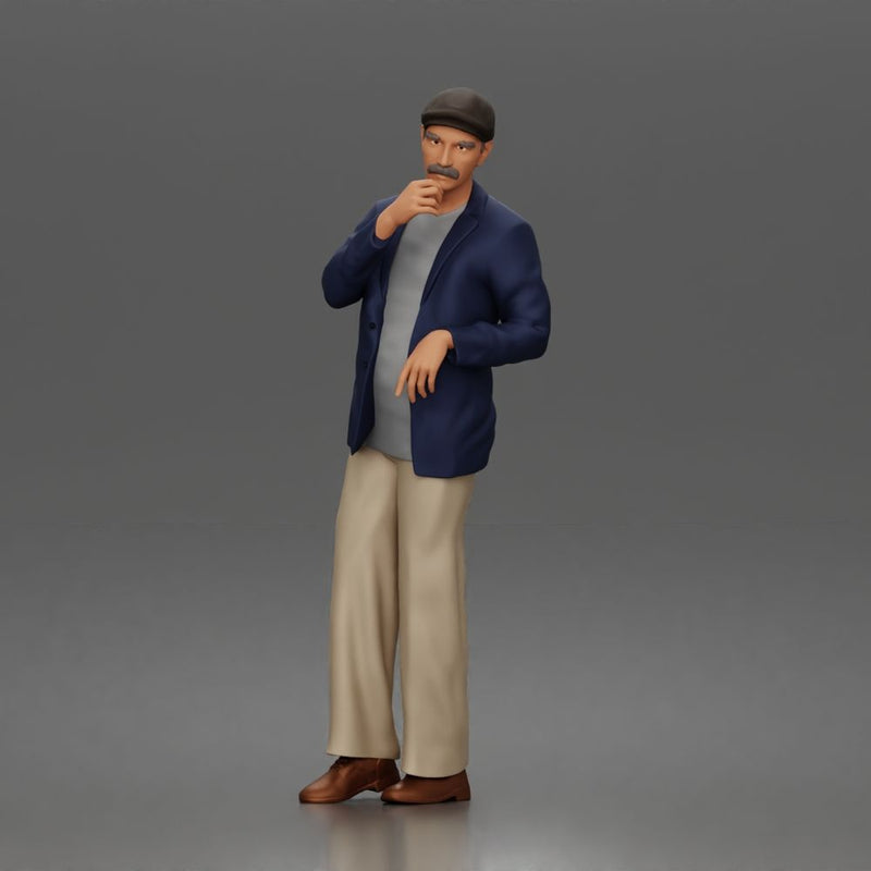 Pensive gentleman twirls mustache wearing cap blazer relaxed trousers polished shoes - Only-Games