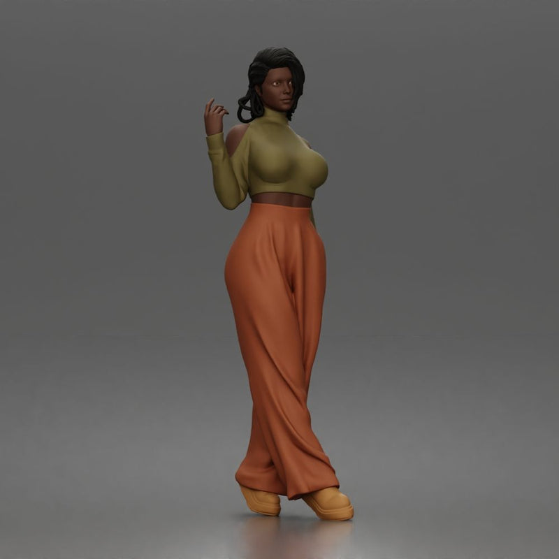 Confident woman flaunts cold shoulder crop turtleneck wide leg trousers - Only-Games