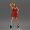 Standing woman touches hair in sleeveless mini dress platform heels - Only-Games