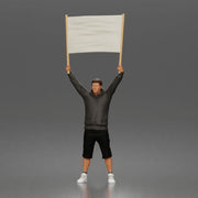 Casual protester holding blank banner wearing hoodie shorts and sneakers - Only-Games