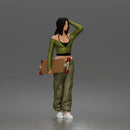 Skater woman holding skateboard wearing crop top baggy pants sneakers