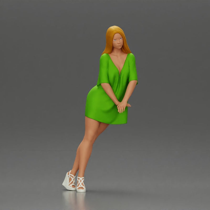 Stylish Woman in Green Dress and White Heels with Pose - Only-Games