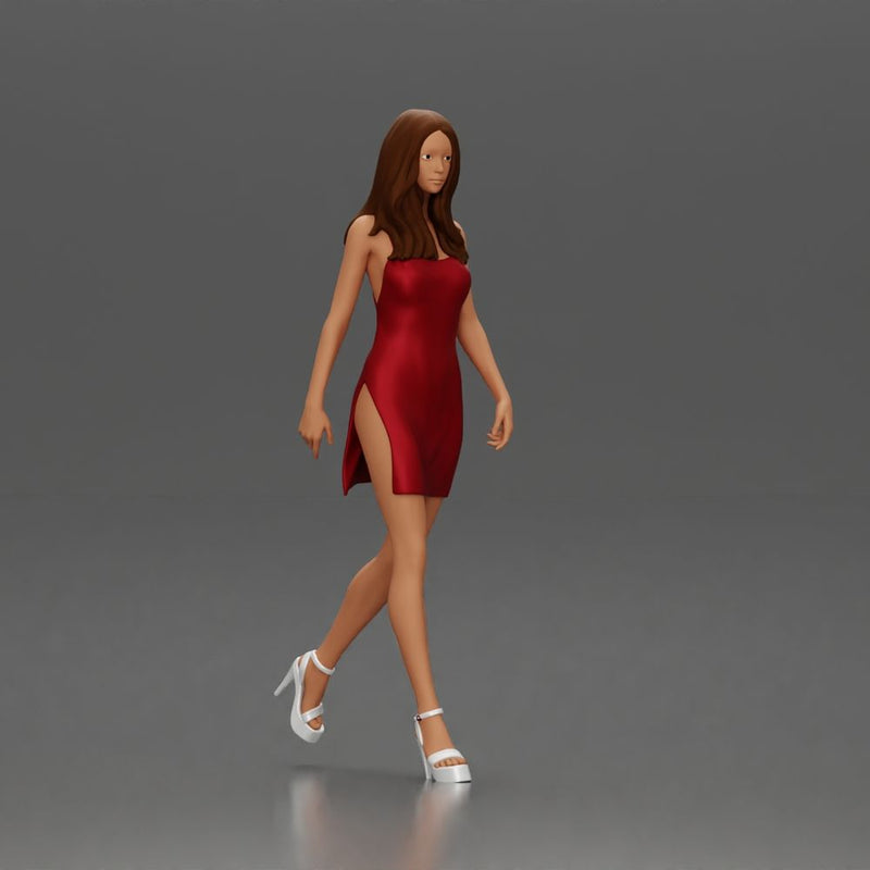 Woman in Red Dress and Heels Walking with Confident Stride - Only-Games