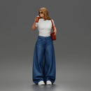 Standing Drinking In Tee Wide-Leg Jeans Sunglasses Bag And Sneakers