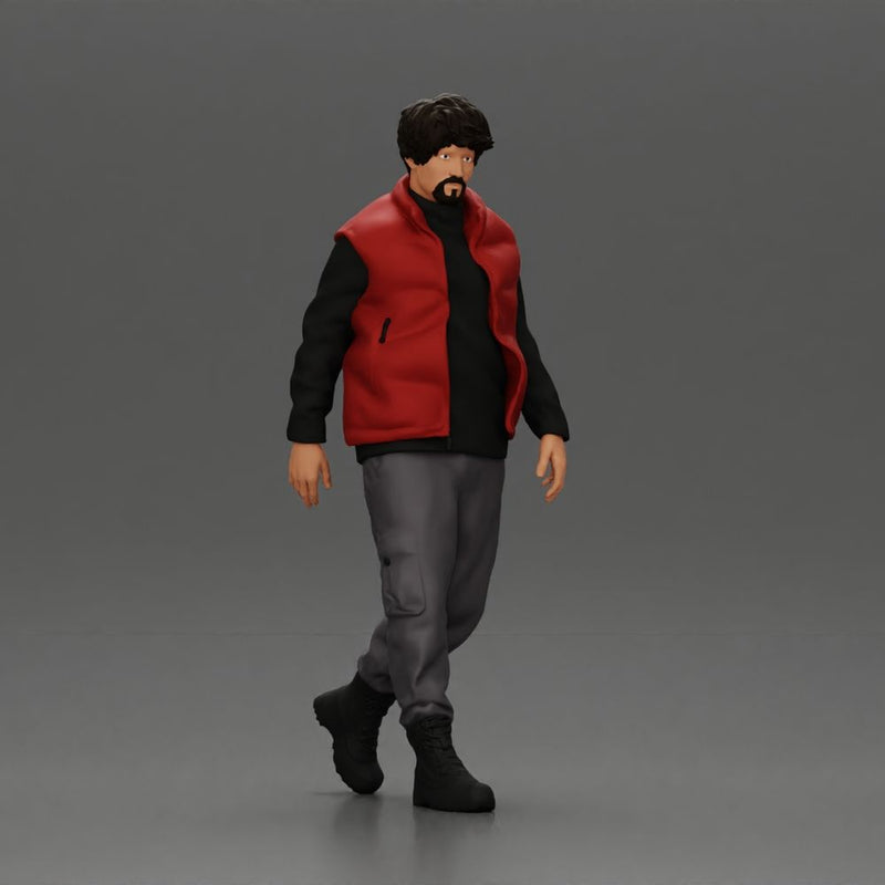 bearded man walking wearing red vest black sweater gray pants black boots - Only-Games