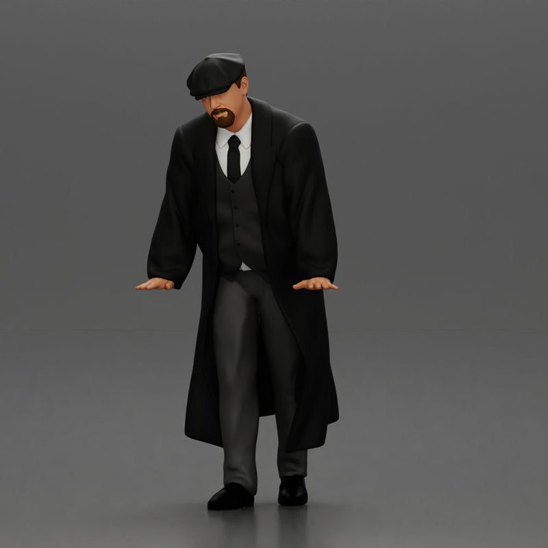 Man in black coat wearing flat cap standing with serious expression - Only-Games