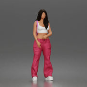 Woman strolls wearing crop top cargo pants bunny backpack sneakers - Only-Games