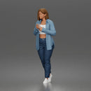 Woman Walking In Open Shirt Crop Top Jeans And Sneakers