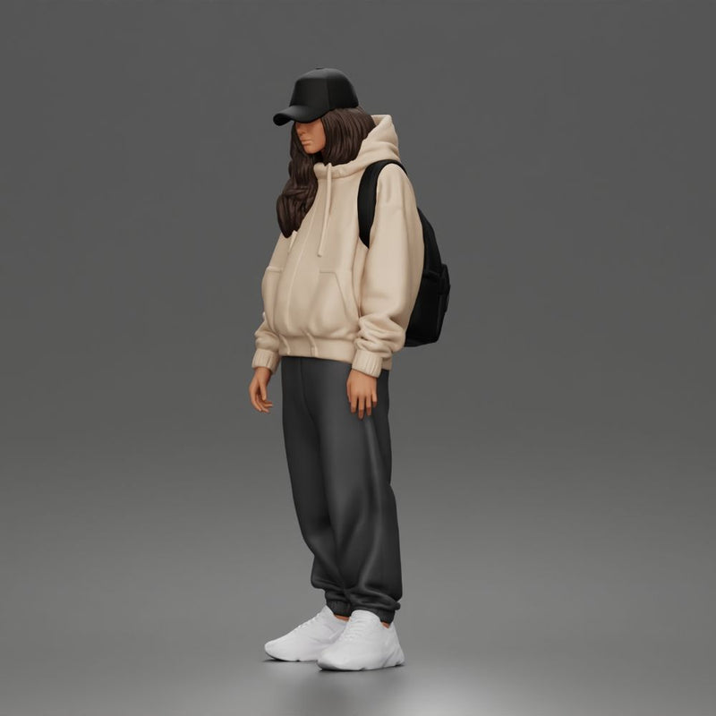 Chill Hooded Cap Walker Posing with Backpack Pants and Sneakers