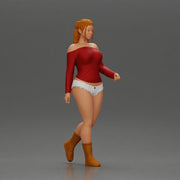 woman walking with purpose wearing red top white shorts brown boots - Only-Games