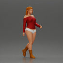 woman walking with purpose wearing red top white shorts brown boots - Only-Games