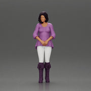 Confident woman in purple top and boots with white leggings - Only-Games