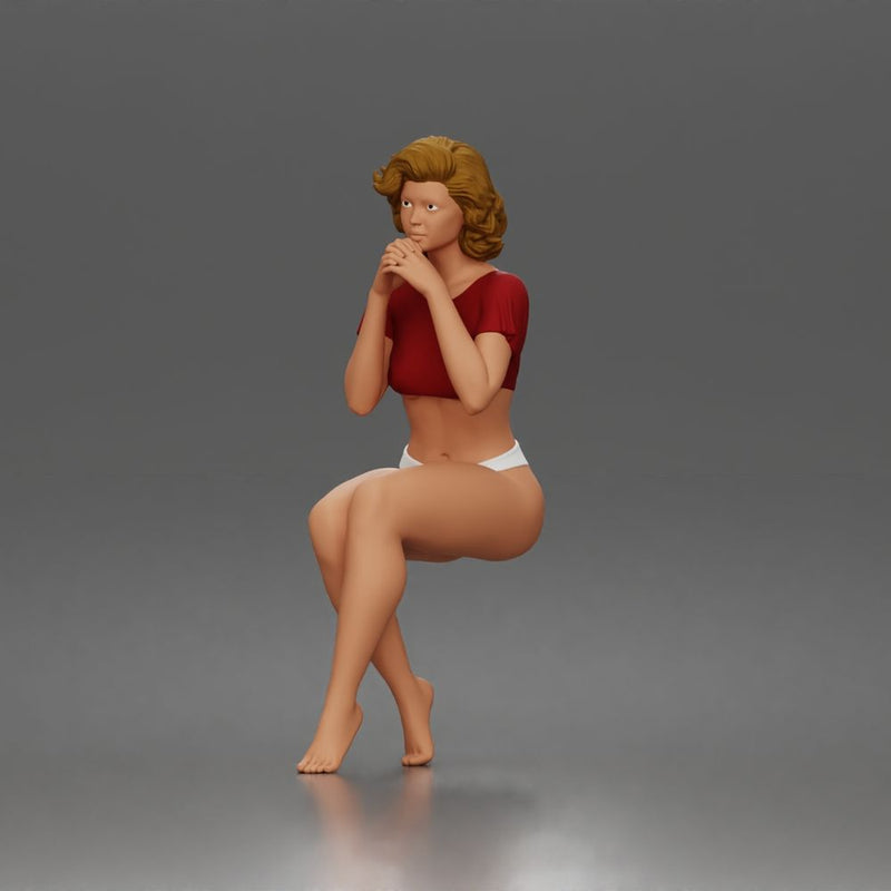 Sitting Woman Clasping Hands Near Chin In Crop Top Bottoms - Only-Games