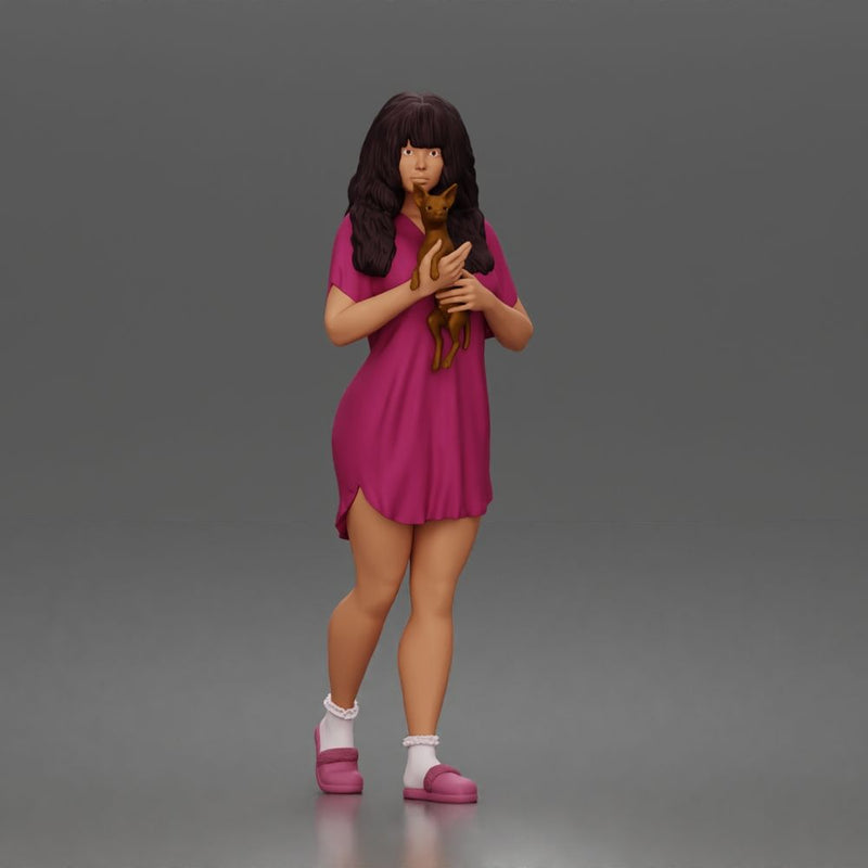 Pet lover woman cuddles tiny pup wearing comfy nightshirt socks slippers - Only-Games