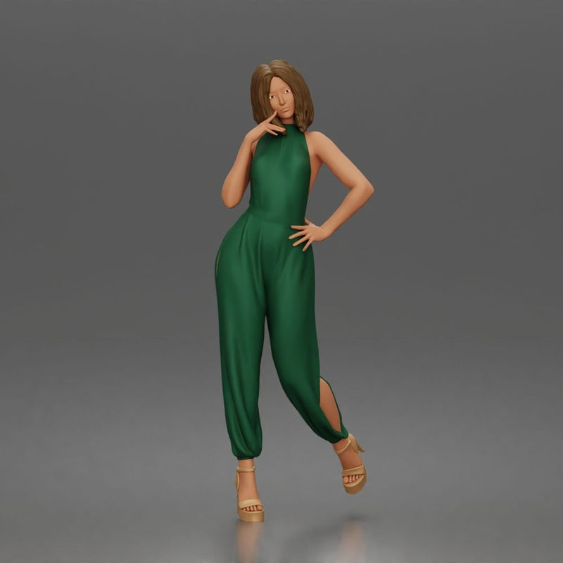 Woman poses thoughtfully lifting heel wearing halter jumpsuit with platform heels - Only-Games